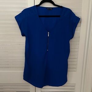Express Women's Cobalt Blue V-Neck Zip Front Blouse